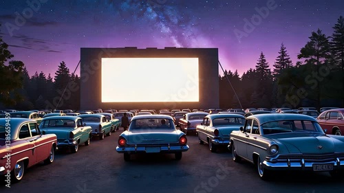 Wallpaper Mural Retro drive-in movie theater with classic cars parked in front of a large screen, set against a starry evening sky and forest backdrop.

 Torontodigital.ca