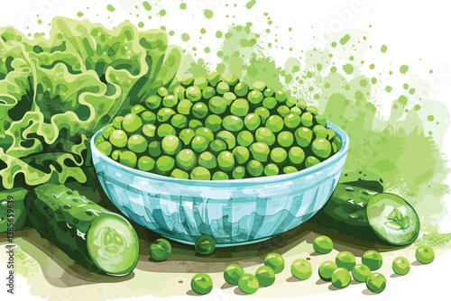 Bowl with ripe artichokes and asparagus spruits. Hand drawn horizontal watercolor illustration  isolated on white background