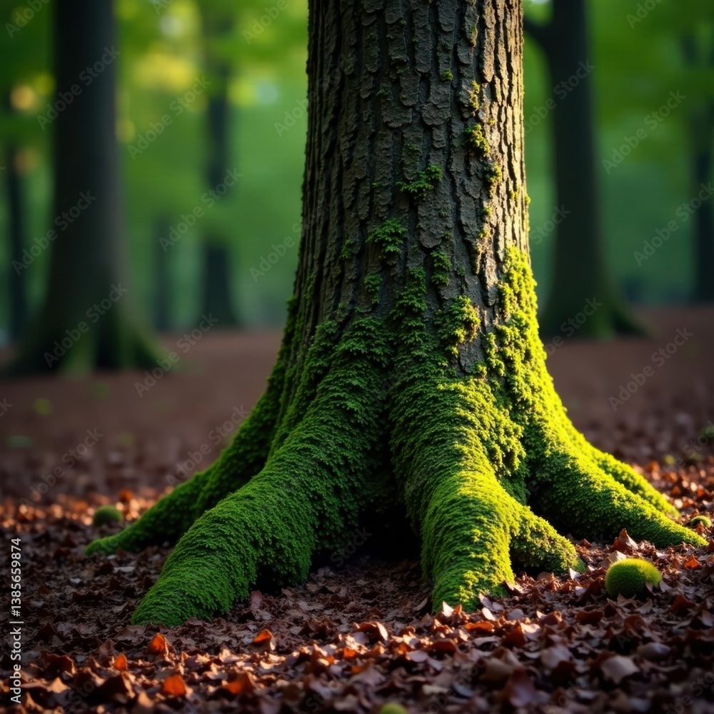 Moss-covered tree trunk in dark wood background, organic, ancient Moss-covered tree trunk in dark wood background, organic, ancient