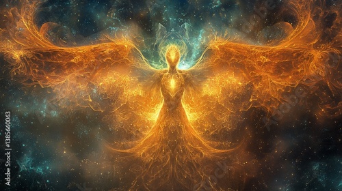 Celestial being with radiant wings amidst a cosmic nebula and shimmering energy