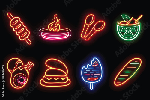 Fast Food neon icons. Food isolated icons, emblem, design template. French fries, Drink, Pizza, Burger, Taco, Shawarma, Hot Dog, Noodles, Donut. Vector Illustration