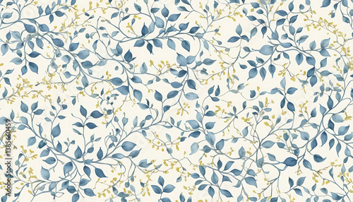 Delicate Floral Pattern with Blue Leaves and Yellow Accents Background
