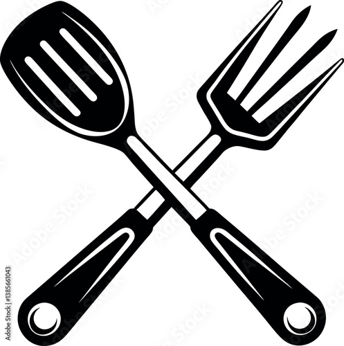 Crossed Kitchen Utensils Spatula and Fork Cooking Tools Restaurant Menu Design
