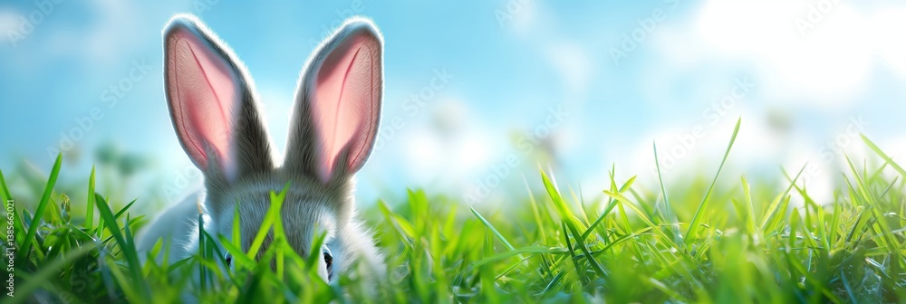 A funny Easter bunny with long ears sitting in the grass