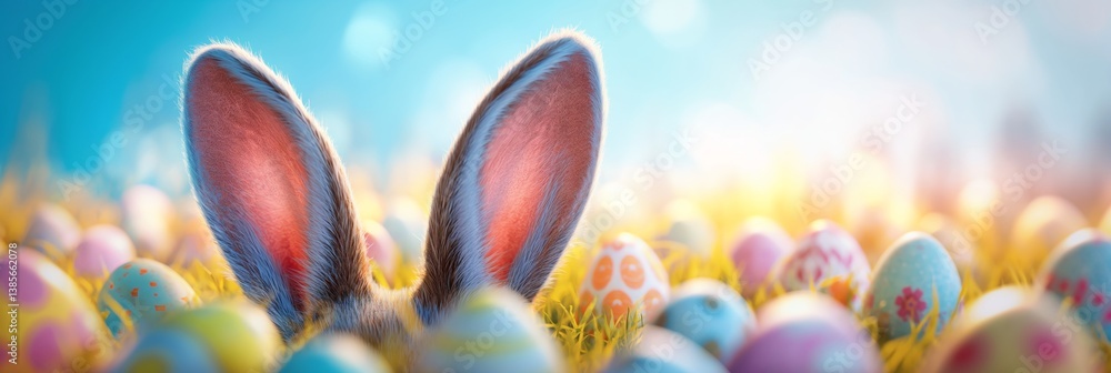 A funny Easter bunny with long ears sitting between easter eggs