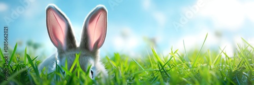 A funny Easter bunny with long ears sitting in the grass