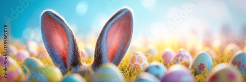 Obraz na płótnie A funny Easter bunny with long ears sitting between easter eggs w salonie