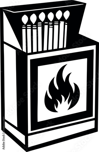 A Black and White Illustration of an Open Matchbox with Matches and a Flame Symbol
