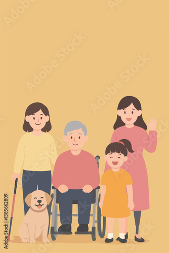 Multigenerational family with disabled members and guide dog. Embracing diversity and inclusion. Disability awareness illustration