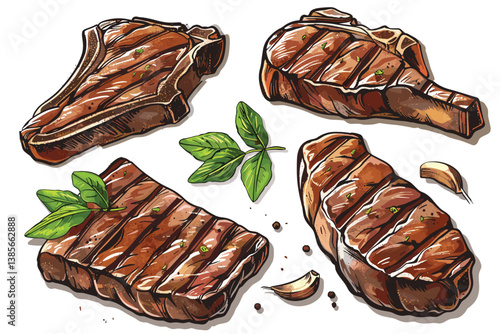 Grilled beef fillet steak, rosemary and garlic isolated on white background