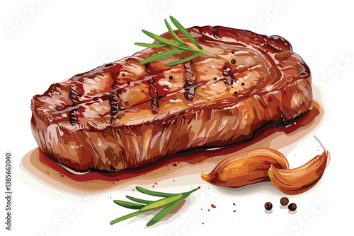 Grilled beef fillet steak, rosemary and garlic isolated on white background