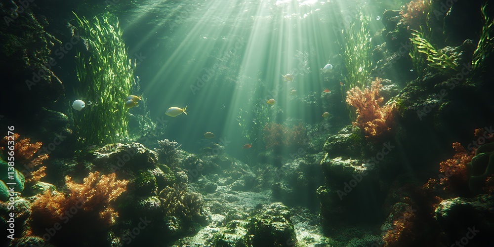 Obraz premium Underwater Scene with Sunlight Filtering Through for Ocean Depths, Marine Life Backgrounds, or Tranquil Aquatic Views