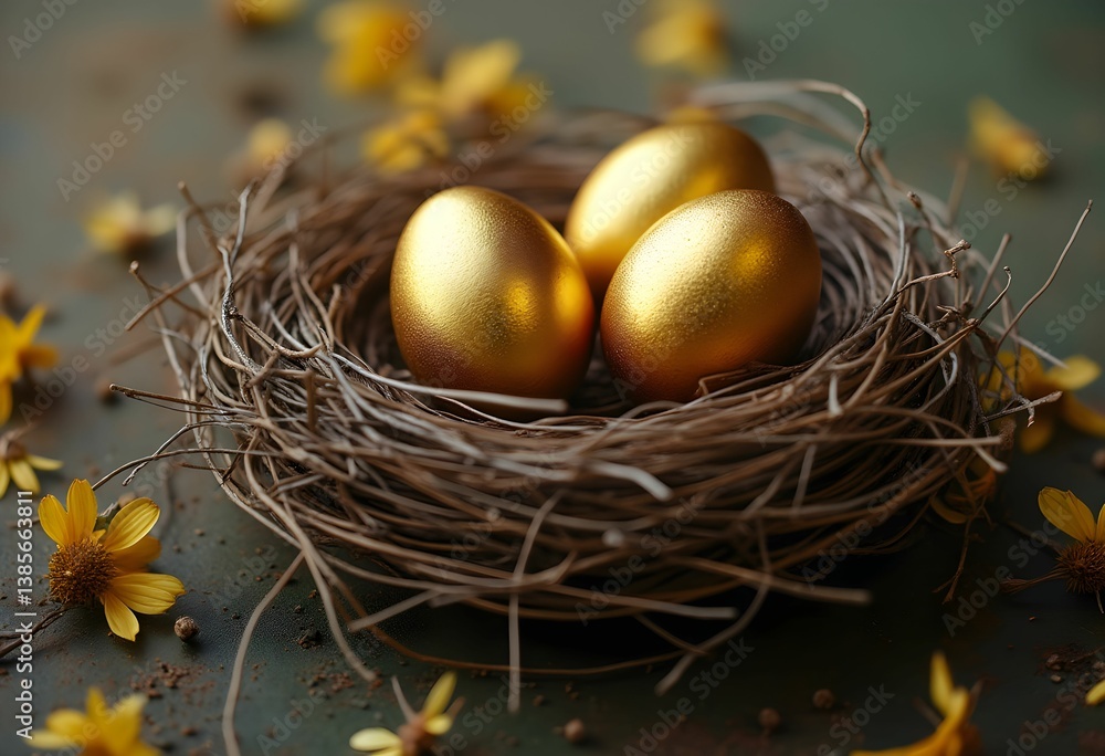 Shiny Golden Easter Eggs in Nest Shiny Golden Easter Eggs in Nest