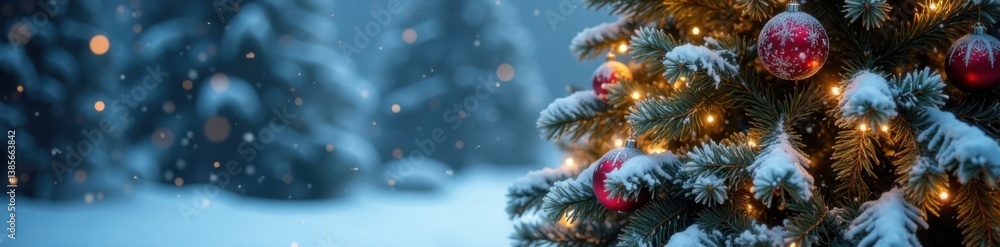 Snow-covered Christmas tree with ornaments and garlands, snowflakes, holiday cheer, wintry scene Snow-covered Christmas tree with ornaments and garlands, snowflakes, holiday cheer, wintry scene