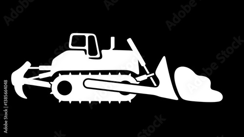 Bulldozer, dozer, powerful tracked vehicle with large front blade, graphic animation. White. Transparent background motion design. 4K resolution