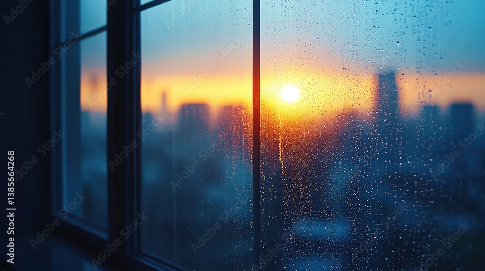 Naklejka premium Rain-drenched windowpane reveals the vibrant sunset over a city skyline