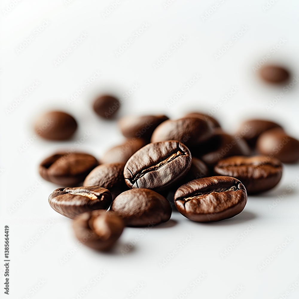 Fototapeta premium Handful of coffee beans on a white table, white background.