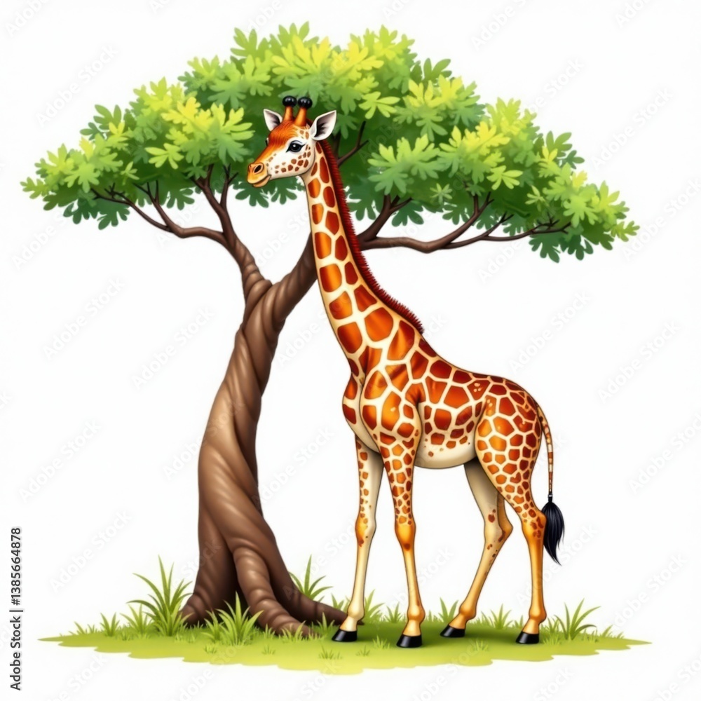 Fototapeta premium Watercolor rendering of giraffe calf with acacia tree, african animal print, watercolor giraffe painting