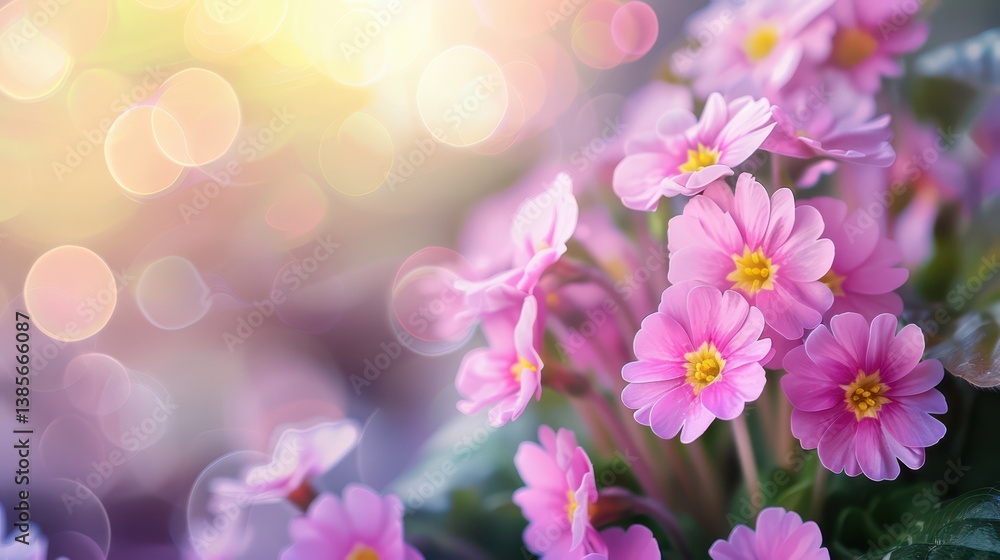 Blooming pink primula flowers with bokeh effect in a vibrant spring setting. Horizontal banner. Copy space. Pink spring background Blooming pink primula flowers with bokeh effect in a vibrant spring setting. Horizontal banner. Copy space. Pink spring background