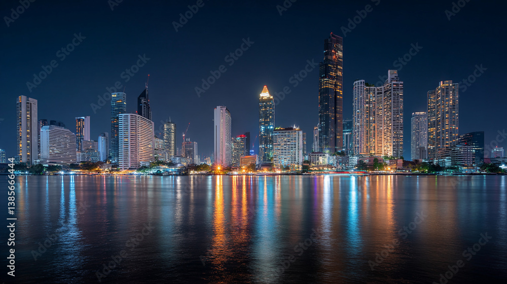 Obraz premium Night cityscape view with illuminated skyscrapers and water reflections in the foreground