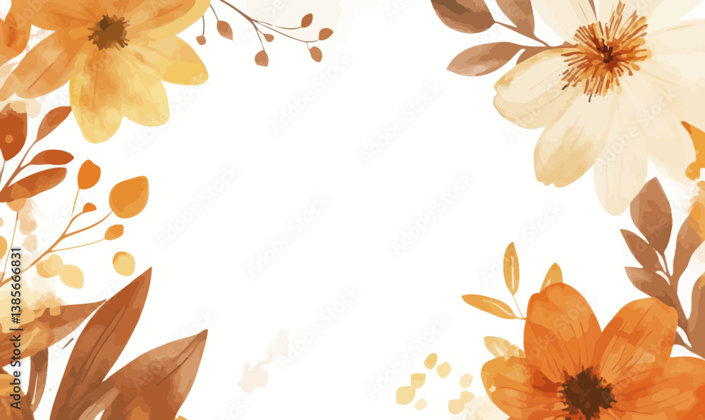 Fototapeta premium Autumn Watercolor Floral and Leaves Background Template in Minimalist Vector Style