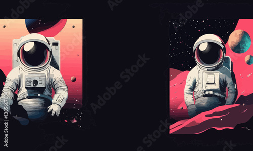 Futuristic Astronaut in Geometric Space Landscape with Metal Abstraction for Posters