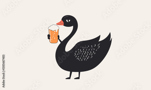 Black Swan Holding Beer Vector Art Minimalist Flat Design for Leisure and Fun Concepts
