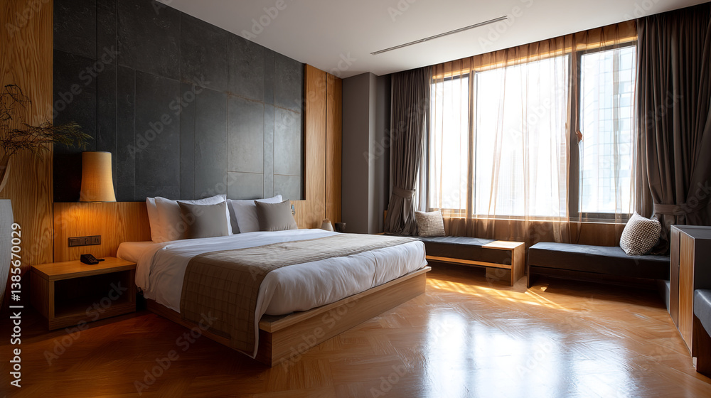 Fototapeta premium A modern bedroom with a large bed, window benches, and wood flooring in a well lit hotel room space