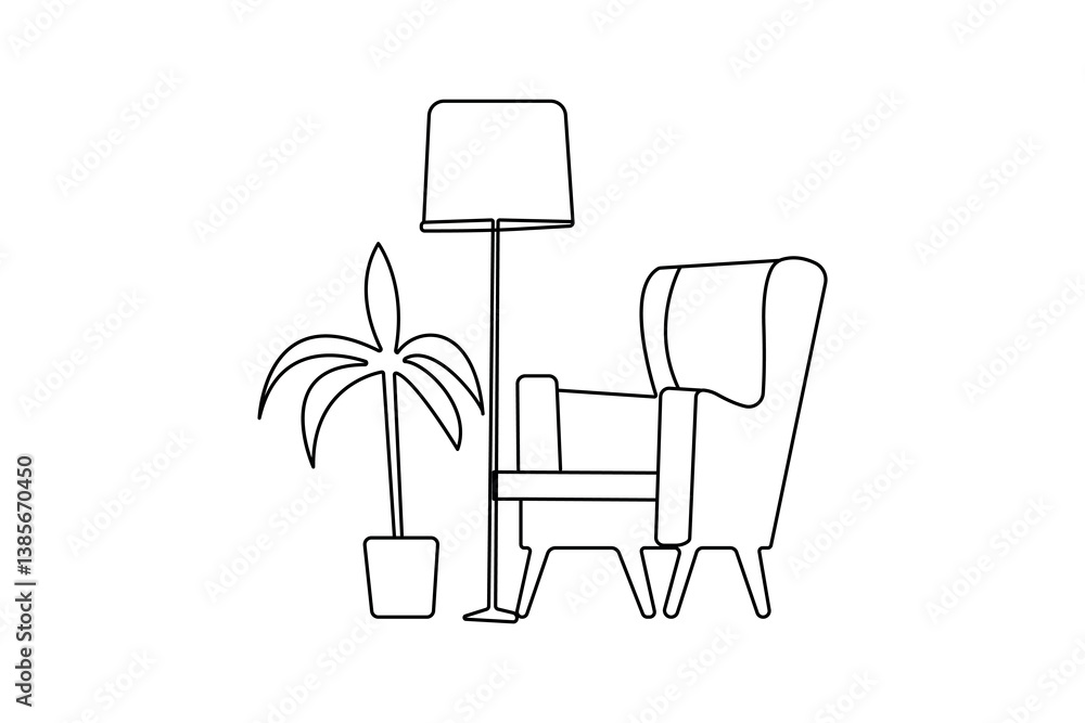 Fototapeta premium Sofa with lamp and potted one line art with minimalist isolated outline vector icon 