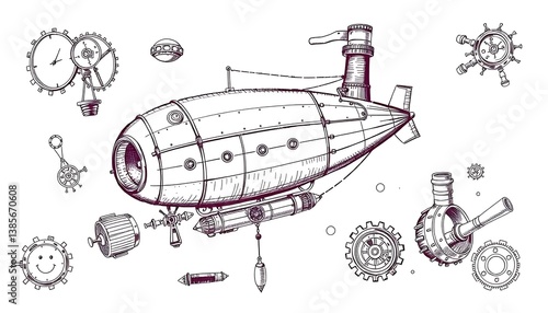 Steampunk airship blueprint with mechanical components and gears illustration