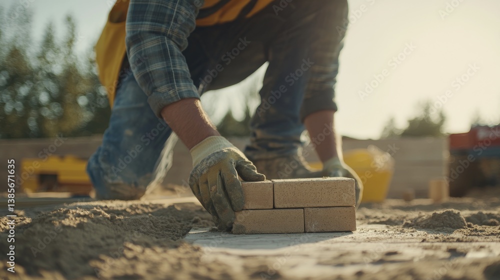 A construction worker placing bricks at a building site. Featuring accuracy and expertise A construction worker placing bricks at a building site. Featuring accuracy and expertise