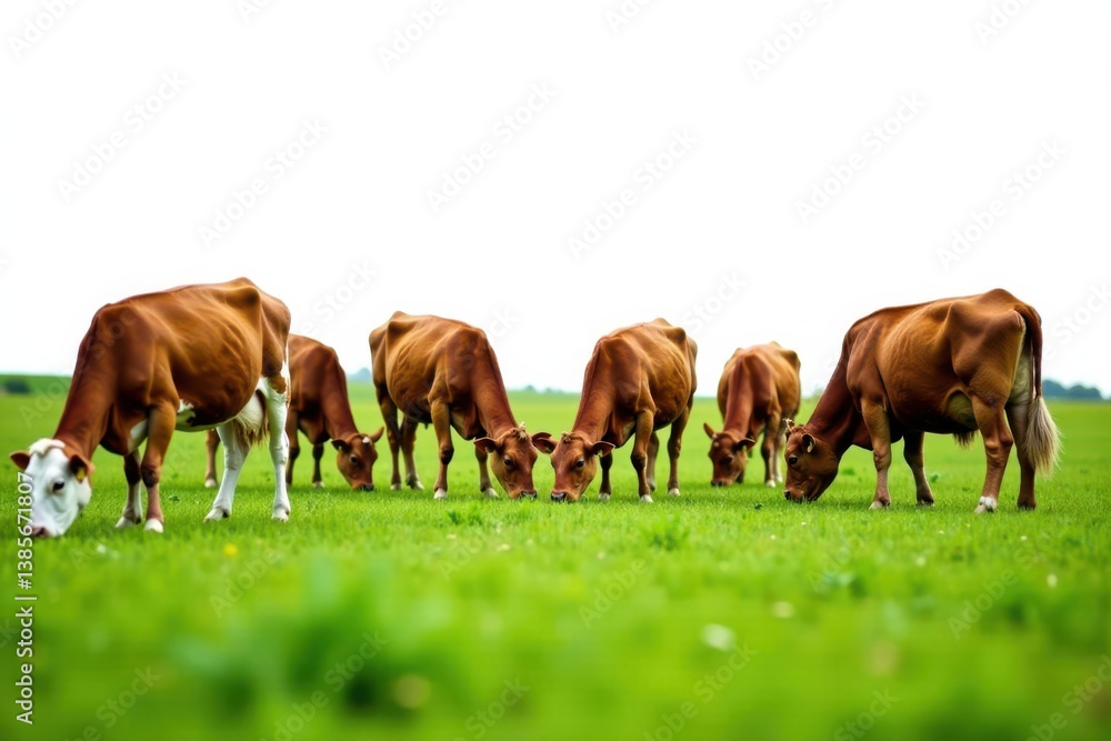 A farm animal herd grazing in a lush green field on white background , grazing, herd A farm animal herd grazing in a lush green field on white background , grazing, herd