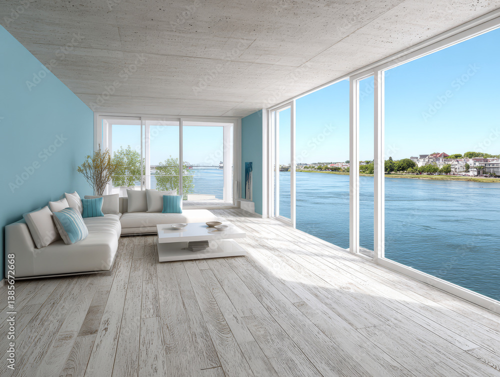 Modern living room with large windows overlooking a serene river landscape Modern living room with large windows overlooking a serene river landscape