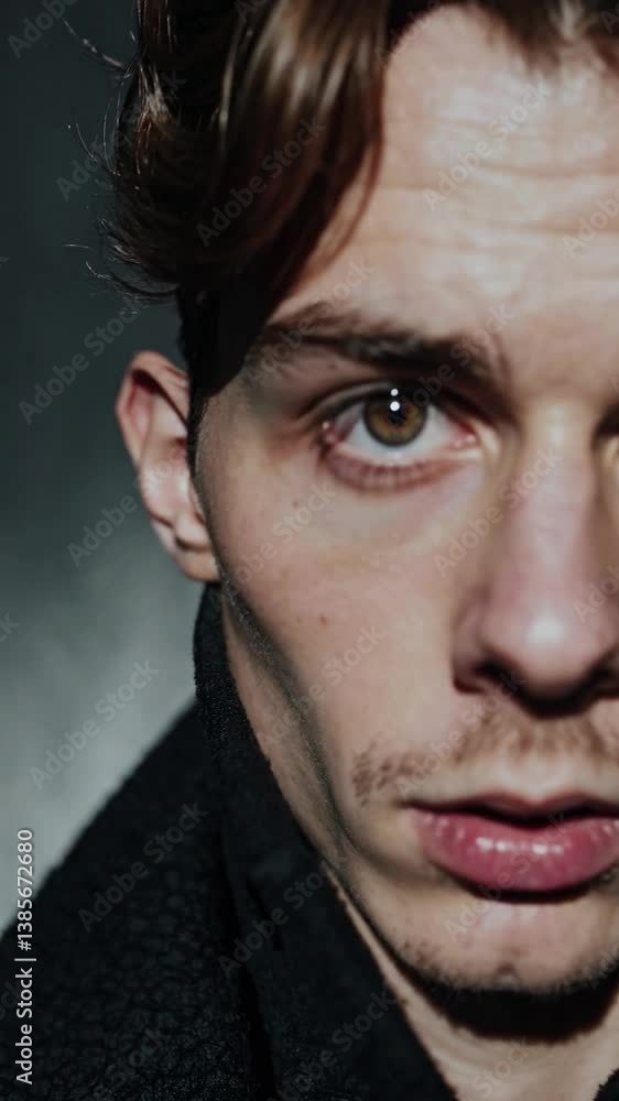 cinematic close-up of an extraordinarily handsome young man with tousled chestnut curls, intense hazel eyes, and a sharp jawline dusted with stubble. cinematic close-up of an extraordinarily handsome young man with tousled chestnut curls, intense hazel eyes, and a sharp jawline dusted with stubble.
