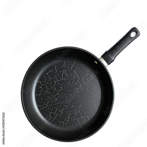a top-down view of a well-used black non-stick frying pan with a scratched surface and a black handle against a light gray background.