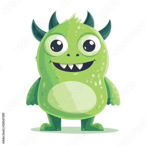 A cute green monster with two small horns-   monster vector art mascots