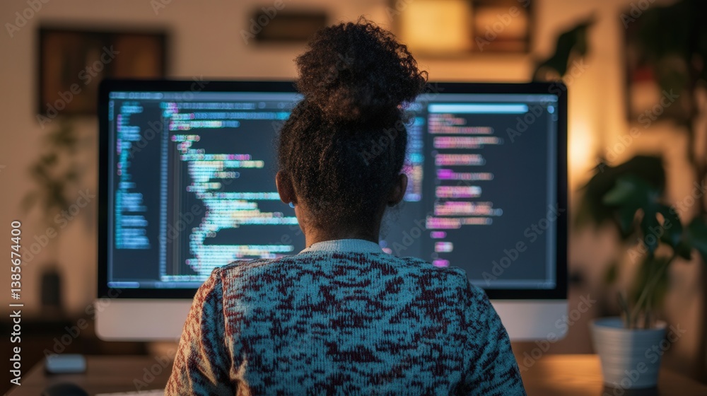 A woman is sitting in front of a computer monitor, wearing a sweater and a ponytail. She is focused on the screen, possibly working on a project or browsing the internet. The room has a potted plant A woman is sitting in front of a computer monitor, wearing a sweater and a ponytail. She is focused on the screen, possibly working on a project or browsing the internet. The room has a potted plant