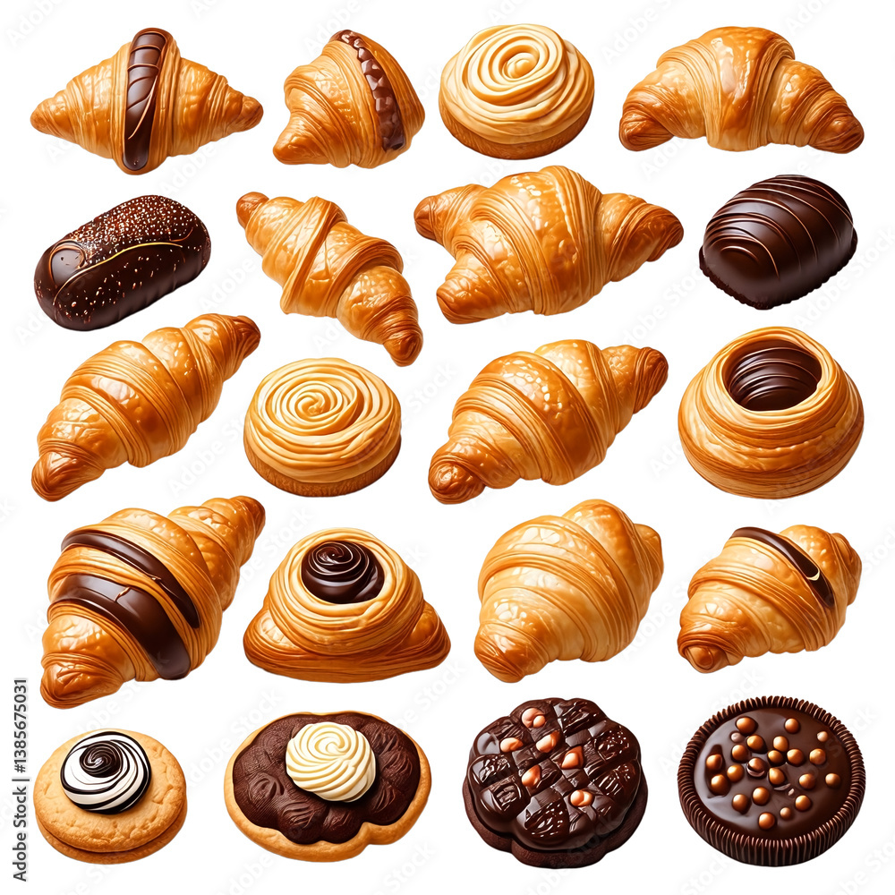 a collection of various freshly baked pastries including croissants and chocolate-covered delights arranged in a grid on a white background. a collection of various freshly baked pastries including croissants and chocolate-covered delights arranged in a grid on a white background.