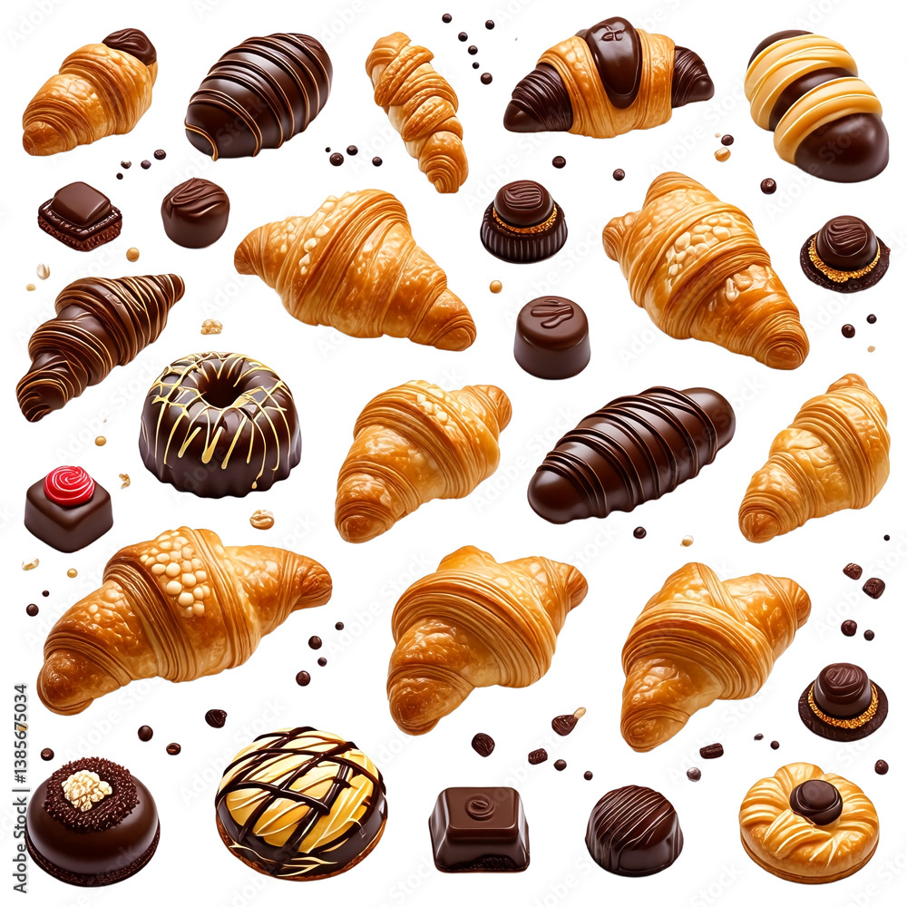 a flat lay of assorted chocolate croissants, bonbons, and coffee beans scattered across a white surface. a flat lay of assorted chocolate croissants, bonbons, and coffee beans scattered across a white surface.