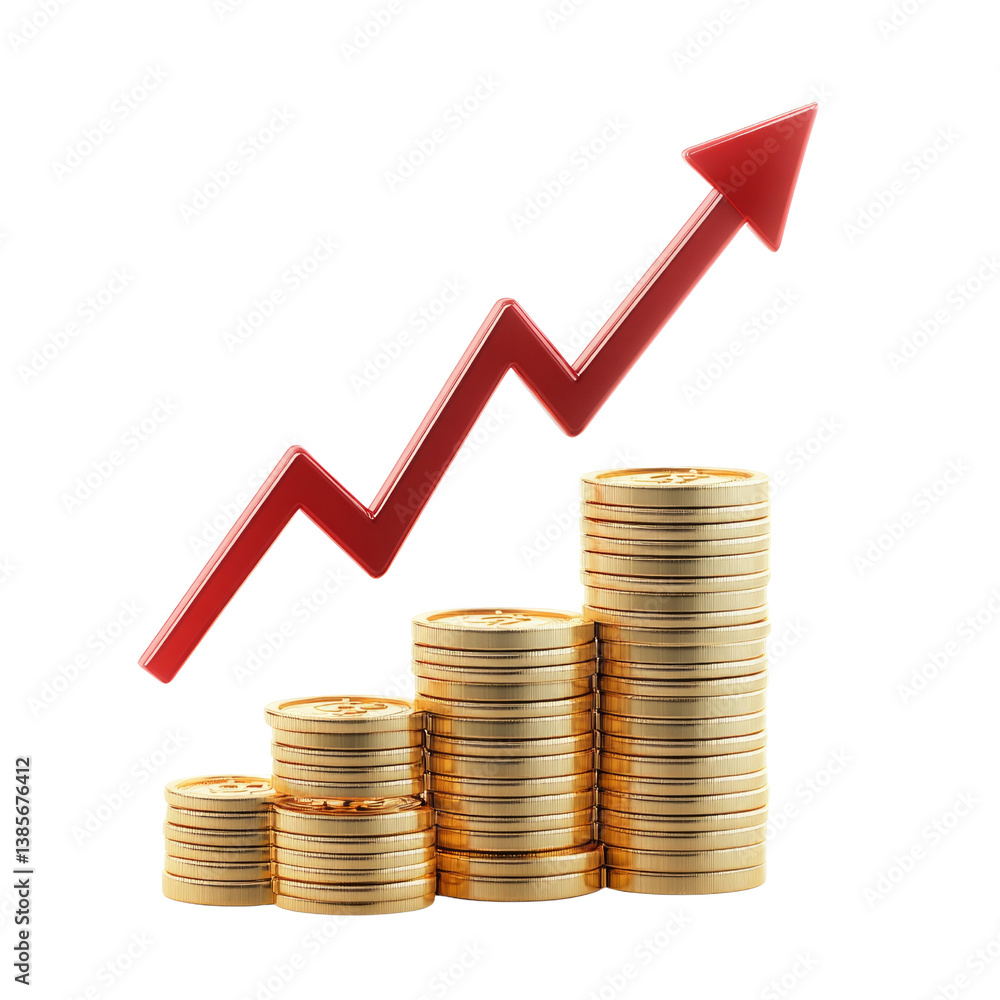 A stack of gold coins is shown with a red arrow pointing upward A stack of gold coins is shown with a red arrow pointing upward
