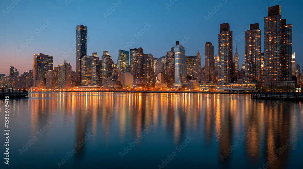 Fototapeta premium City skyline illuminated at dusk reflected in the calm water of the east river in new york city