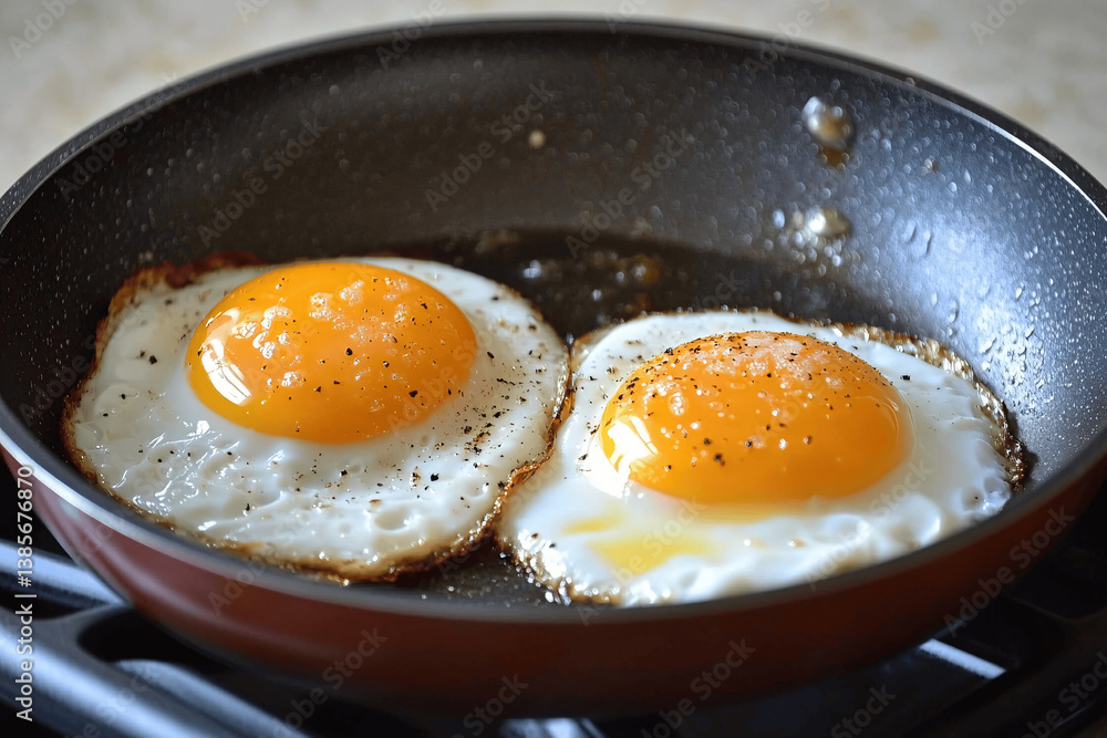 Fried Eggs in Frying Pan with Bright Yolks, Close-Up in Kitchen Setting Fried Eggs in Frying Pan with Bright Yolks, Close-Up in Kitchen Setting