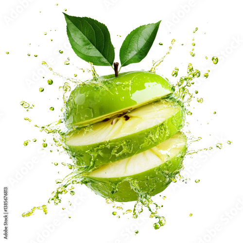 A green apple with a leaf on top is sliced into three pieces