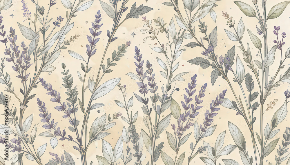 Delicate lavender and sage botanical pattern with soft pastel tones, hand drawn style, and vintage floral elegance Delicate lavender and sage botanical pattern with soft pastel tones, hand drawn style, and vintage floral elegance