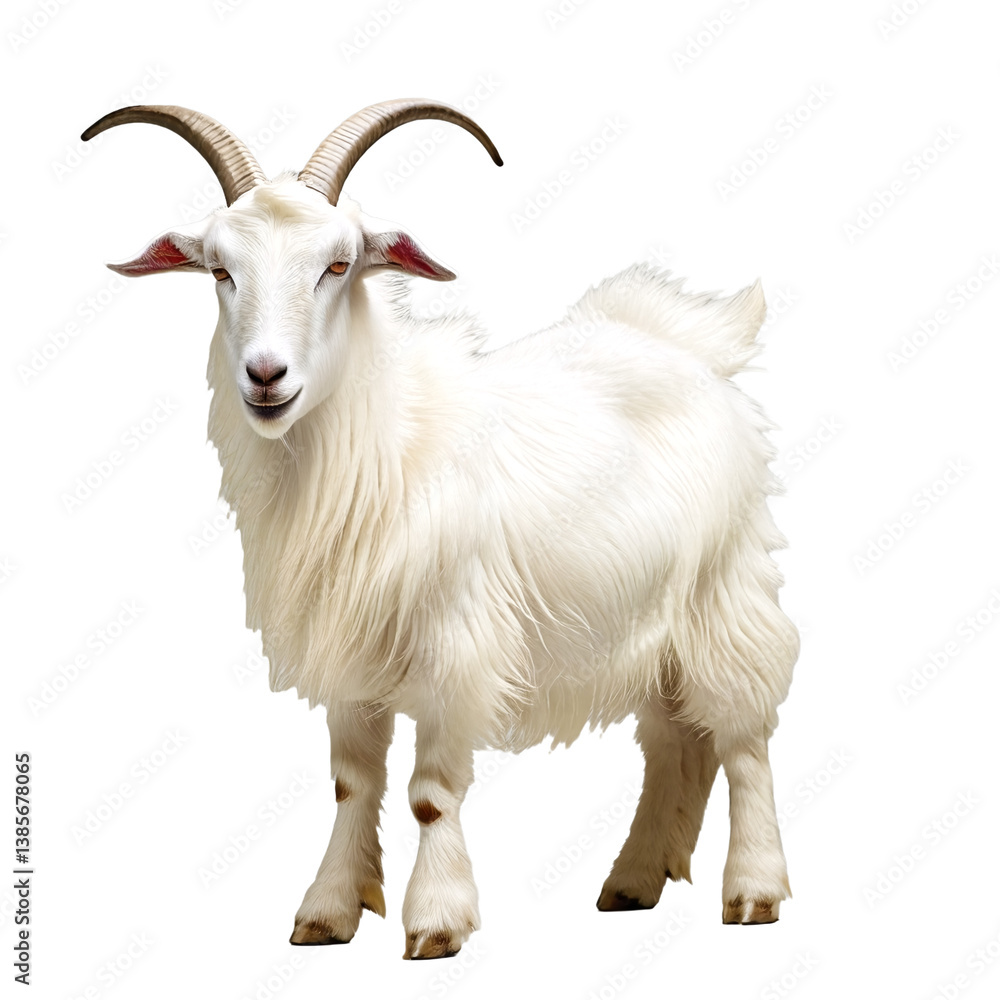 a majestic white goat with curved horns stands confidently against a plain white background. a majestic white goat with curved horns stands confidently against a plain white background.
