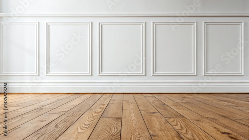White wall with classic molding and natural wooden floor in empty interior space, clean and elegant atmosphere