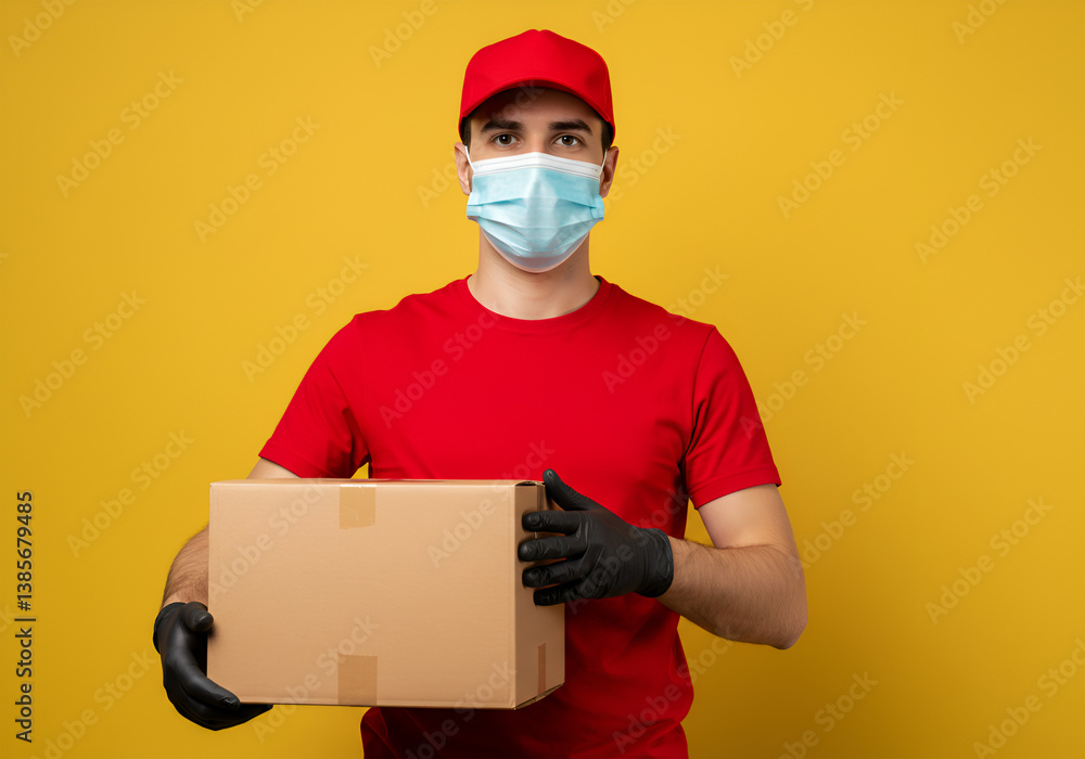 Delivery Man in Red Uniform Wearing Protective Mask Holding Cardboard Box Against Yellow Background Delivery Man in Red Uniform Wearing Protective Mask Holding Cardboard Box Against Yellow Background