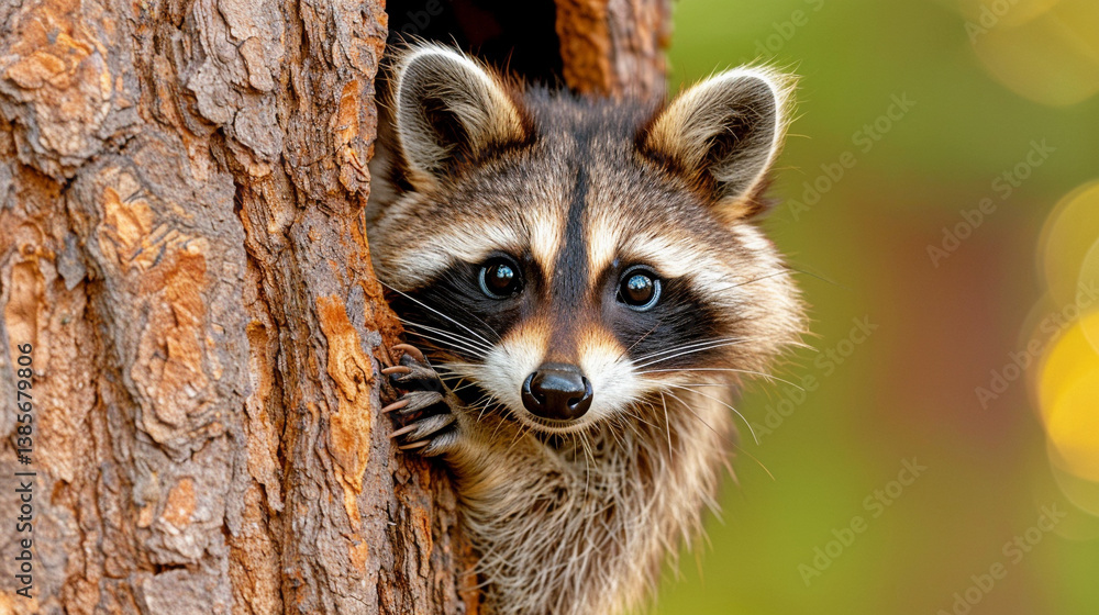 Close-Up of a Baby Raccoon Hiding in a Tree Hole Close-Up of a Baby Raccoon Hiding in a Tree Hole