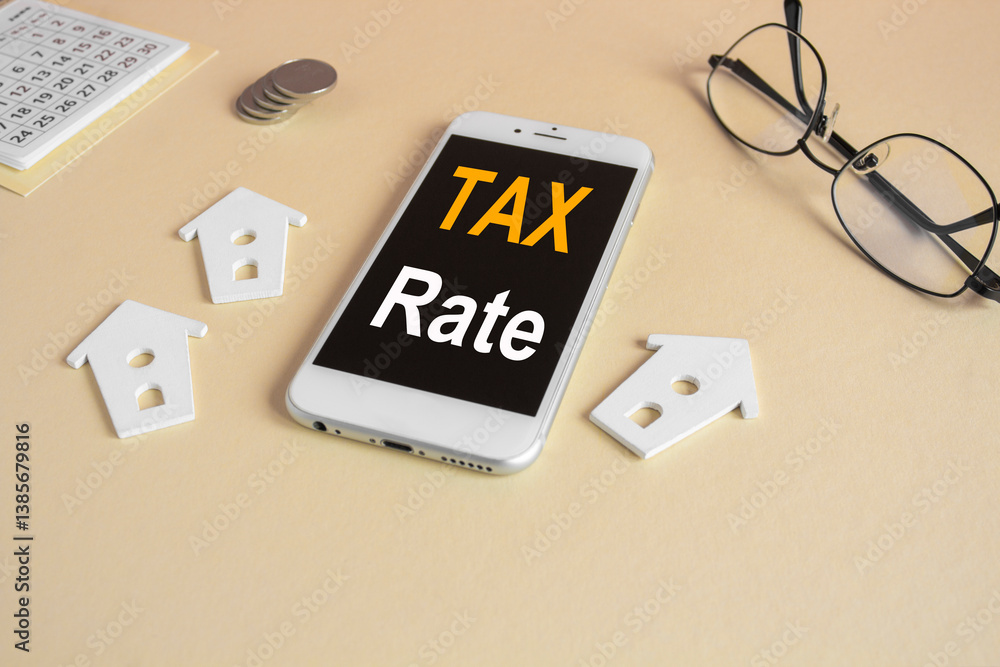 The expression Tax rate on the mobile phone screen. Beautiful beige background. Glasses, miniature houses, coins. Business concept.