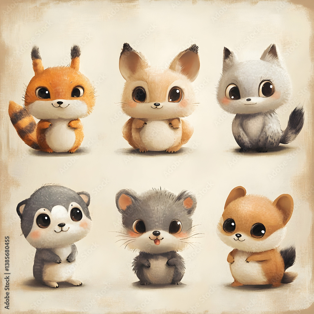 Fototapeta premium Adorable stylized illustrations of cute small fluffy cartoon animals